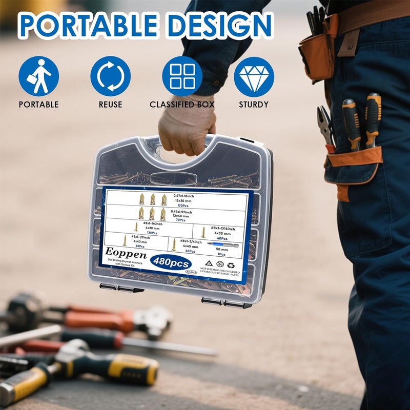 Eoppen 480Pcs Self Drilling Drywall Anchors with Screws Kit, 2 Sizes Sheetrock Anchors & 4 Sizes Expansion Screws, Zinc Plated Steel Drywall Anchors No Drilling Required Holds Up to 66lbs - Image 2